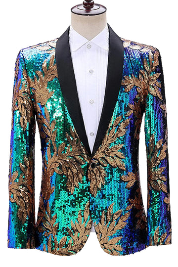 Blazer de bal pour homme à revers châle vert et bleu scintillant à un bouton